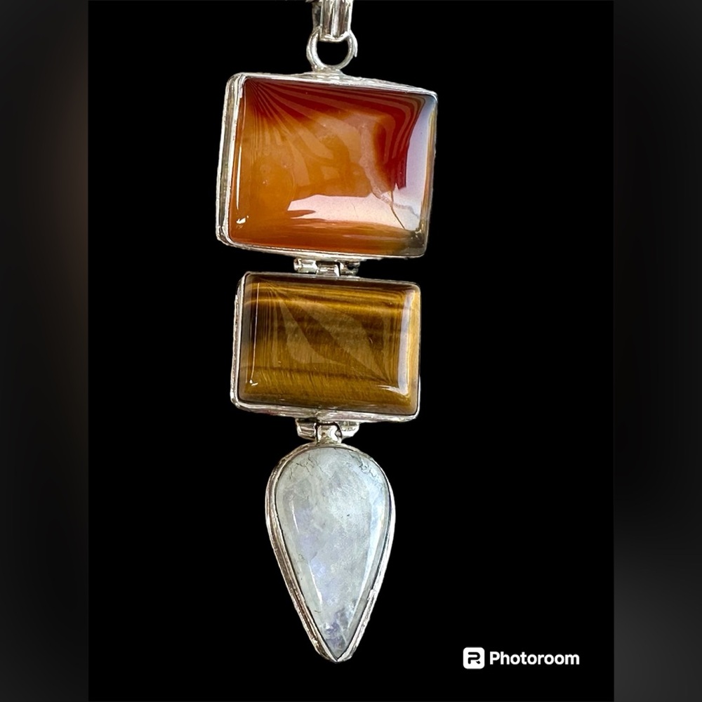 sterling silver pendant three stones carnelian tiger eye moonstone hinged